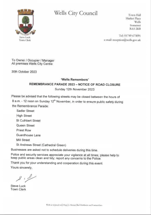 Remembrance Parade 2023 - NOTICE OF ROAD CLOSURE